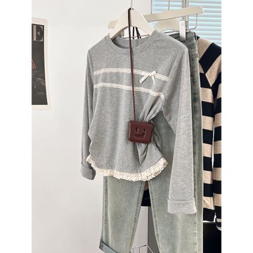 灰色蝴蝶結蕾絲假兩件正肩長袖t恤女秋季2025新款打底衫內搭上衣