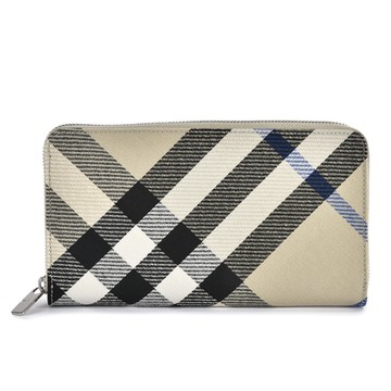 BURBERRY 巴寶莉  經典格紋棉質混紡拉鍊長夾(大)-米白/藍