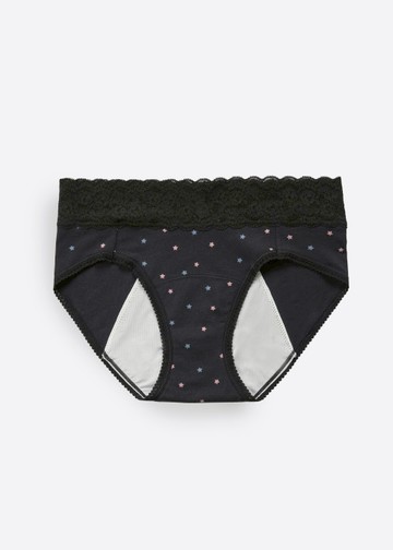 Little Game．蕾絲中腰生理褲(黑-復古星星)
