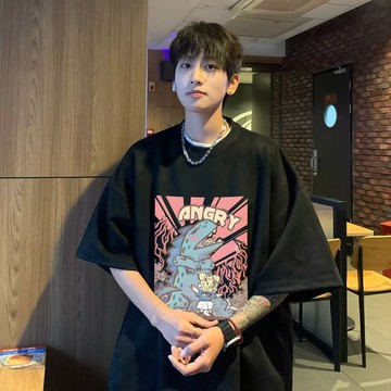 美式甜酷卡通動漫風 短袖t恤 男女 新款 寬鬆 潮牌 學生 圓領短袖 男 ins潮流小眾 百搭套頭上衣短T（BW529）