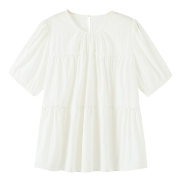 L-4XL 大尺碼法式上衣女夏寬松百搭圓領泡泡袖襯衫氣質娃娃衫