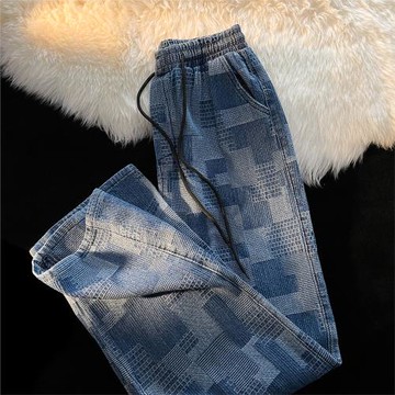 褲子男夏季薄款直筒牛仔褲寬松潮牌ins設計感小眾痞帥闊腿格子褲