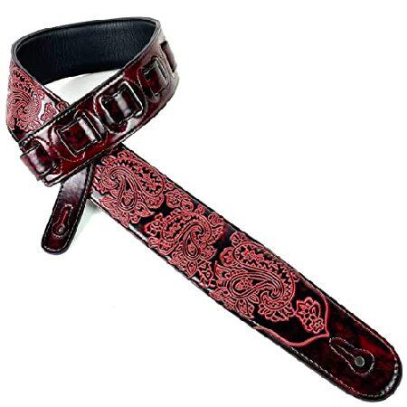 Walker Williams Handmade Fire Wine Red Padded Leather Guitar Strap with Vintage Paisley Pattern For Acoustic, Electric, And Bass Guitars GB-30