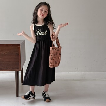 夏季新品上新   童裙  夏季女童韓版字母印花簡約洋裝兒童休閒圓領無袖背心裙