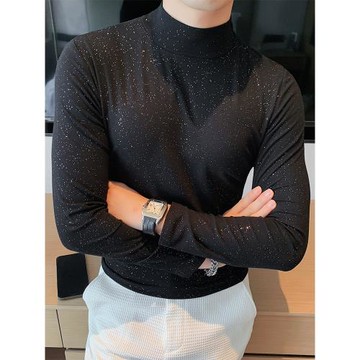 長袖T恤男潮流亮片半高領打底衫秋冬季修身中領純棉內搭彈力上衣