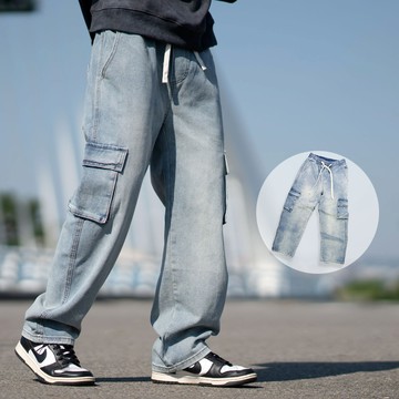 【NB1833J】淺藍素面大口袋工裝風寬褲闊腿褲寬版牛仔褲(CS2368)