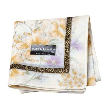 Rudolph Valentino 日本製淺底黃金花卉黑描金邊圖騰字母LOGO帕巾(44CM)