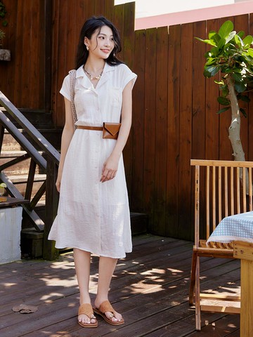 仿棉麻古巴領排釦收腰洋裝