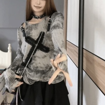 辣妹扎染抽繩長袖T恤女裝春秋季打底衫寬鬆小衆