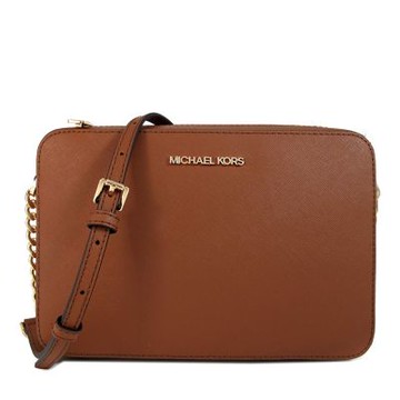 MICHAEL KORS Jet Set Item 金字Logo馬鞍棕色防刮皮革金鏈斜背方包(新品瑕疵)