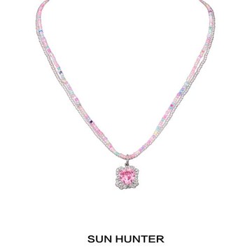 三橫SUN HUNTER原創粉愛心串珠項鏈鎖骨芭比粉甜酷辣妹小眾多巴胺
