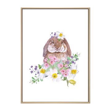 溫柔兔兔 兔子與鮮花裝飾畫  70 x 50cm  木色