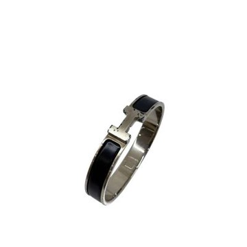二手品 六五成新HERMES 愛馬仕 CLIC H LOGO琺瑯扣式手環黑銀(T5)