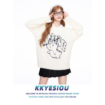 KKyesiou龍年學院風情侶針織衫男女vintage本命年卡通y2k休閑毛衣