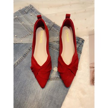 紅色單鞋女婚鞋平底鞋2025春季新款淺口軟底法式豆豆鞋女尖頭瓢鞋
