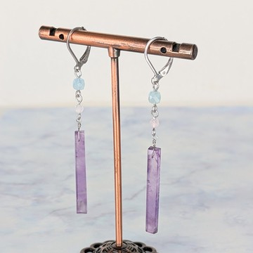 天然寶石耳環　紫水晶 海藍寶 玫瑰石英