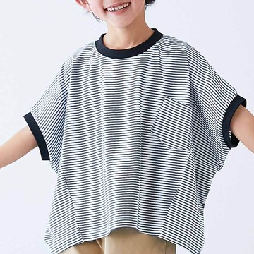 日本 devirock - 100%純棉落肩短袖上衣-條紋-深藍x白