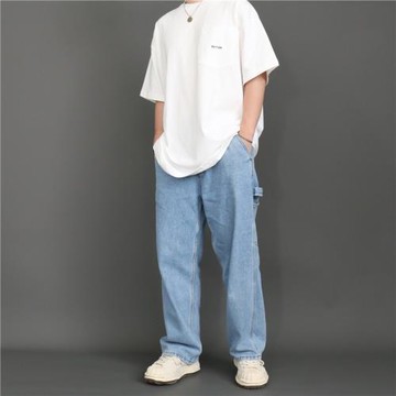 MG尚品日系寬松直筒工裝牛仔褲男生潮牌水洗重磅丹寧闊腿褲老爹褲
