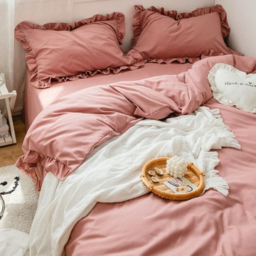 韓式床上四件套夏季春秋床單夏天花邊被套純色公主風少女心粉色4