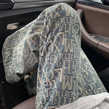 巴黎滿印提花牛仔褲男夏季小衆設計感褲子美式高街vibe直筒微喇褲 ATGY