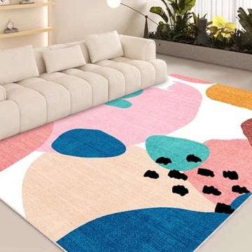 北歐風幾何抽象格子地毯 7mm厚 水晶絨材質 可機洗  160 x 80cm  水彩畫 粉色 + 膚色 + 藍色