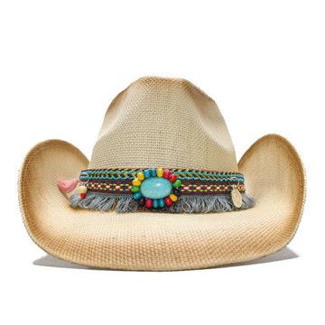 西部牛仔草帽復古舒適透氣休閑百搭戶外大檐防曬遮陽綠松石流蘇