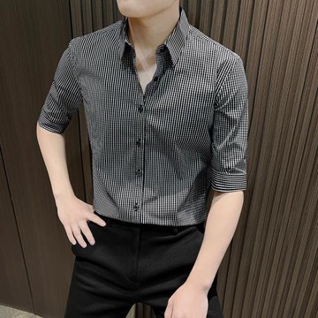 黑白小格子襯衫男士七分短袖夏季冰絲高級感男裝商務寸衫中袖襯衣
