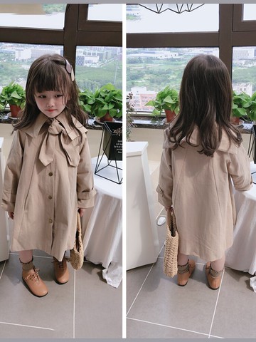 秋季中小童純色兒童風衣大衣 女童寶寶翻領學院風中長款外套1入