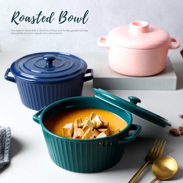 北歐雙耳大湯鍋帶蓋陶瓷烤碗創意拉面碗泡面碗個性家用餐具大湯碗