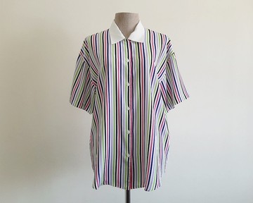 復古彩虹條紋女襯衫 短袖 翻領 聚酯纖維 襯衫