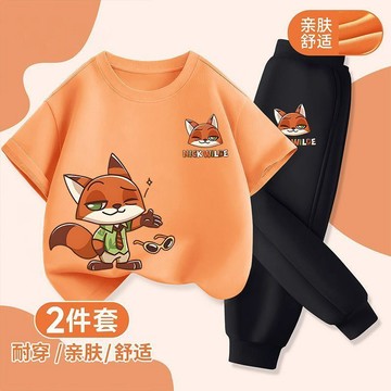 兒童套裝 夏季套裝卡通瘋狂動物城兒童純棉短袖T恤2026新款男女孩休閒長褲兩件套潮t