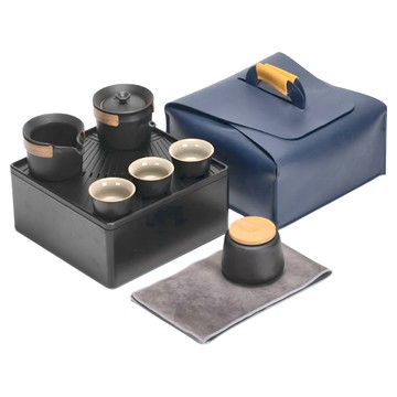 陶瓷竹材旅行茶具套組 收納盒 + 皮革提袋 + 茶葉罐 + 泡茶湖 + 公道杯 + 茶杯  茶壺 + 公道杯 + 茶杯3個 + 收納盒 + 皮革提袋 + 茶葉罐  黑色  1組