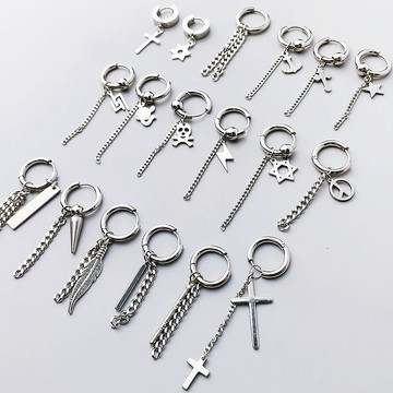 【SK飾品】韓國藝人同款 銀色鋼耳環 棍子鍊條流蘇圈圈耳環【820818A】鈦鋼耳環/男生耳環 單邊價