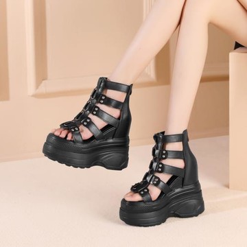 14CM超高跟坡跟羅馬鞋夏季新款真皮黑色涼鞋超厚底松糕鞋小碼女鞋