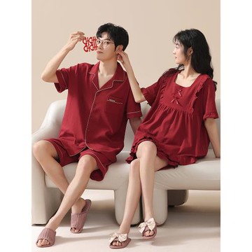 芬騰可安情侶睡衣女夏季夏天純棉短袖紅色新婚結婚甜美家居服套裝