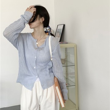 寬松薄款長袖開衫針織外套女設計感小眾年春秋新款韓版上衣潮