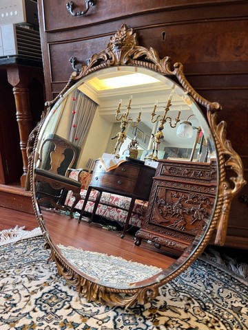 英國古董洛可可風格金色雕花圓鏡