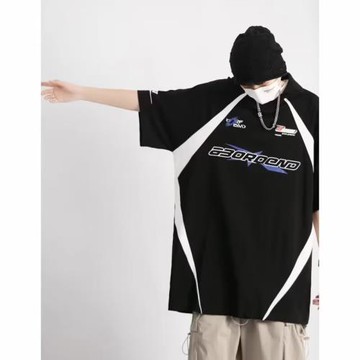 美式潮牌拼接運動復古賽車服短袖T恤hiphop寬松炸街情侶大地男