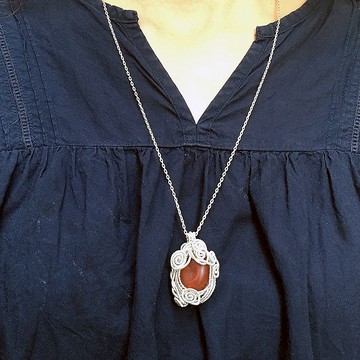 鍍銀線繞編墜飾項鍊~石來運轉A款(紅瑪瑙)~手作的詩,手作設計單品