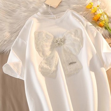 重磅純棉獨特白色上衣女減齡小眾夏裝2026新款寬松蝴蝶結短袖t恤