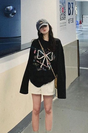 秋季長袖印花黑色寬鬆T恤甜美清新韓系潮流印花長袖女
