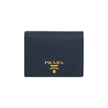 PRADA 浮雕Logo 防刮皮革二折零錢袋短夾(深藍色)
