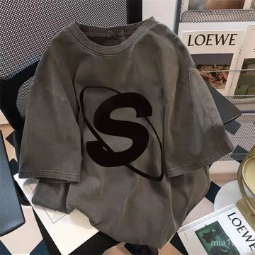 美式複古寬鬆潮牌潮流100_不起球短袖T恤男歐美高街ins半袖情侶 QMR1