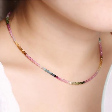 (免運)GUBU漸變彩虹閃亮極細天然小碧璽項鏈女鎖骨鏈頸鏈水晶長百搭串珠