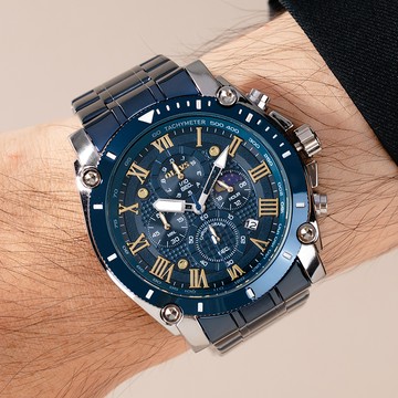 OLEVS尊爵商務大錶盤真三眼羅馬數字金屬鍊帶手錶【WOL3689】-藍面藍帶