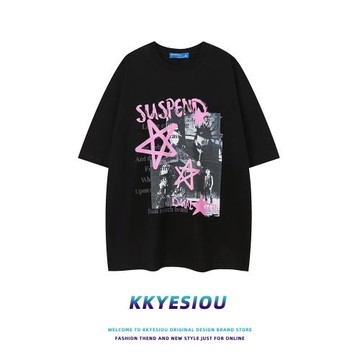 KKyesiou美式復古潮牌涂鴉短袖T恤男女設計感vintage情侶純棉上衣