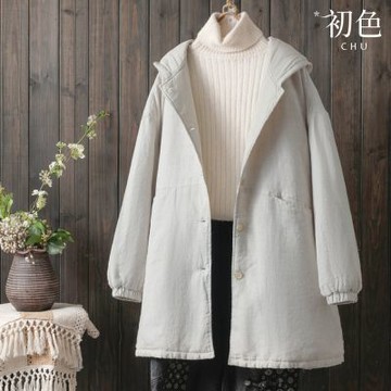 初色 文藝風純色連帽單排釦長袖中長款加厚保暖棉服外套女外套-麻色-16746(L-2XL可選)