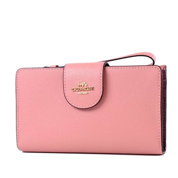 COACH 防刮皮革釦式掛帶手機包長夾-淡粉特