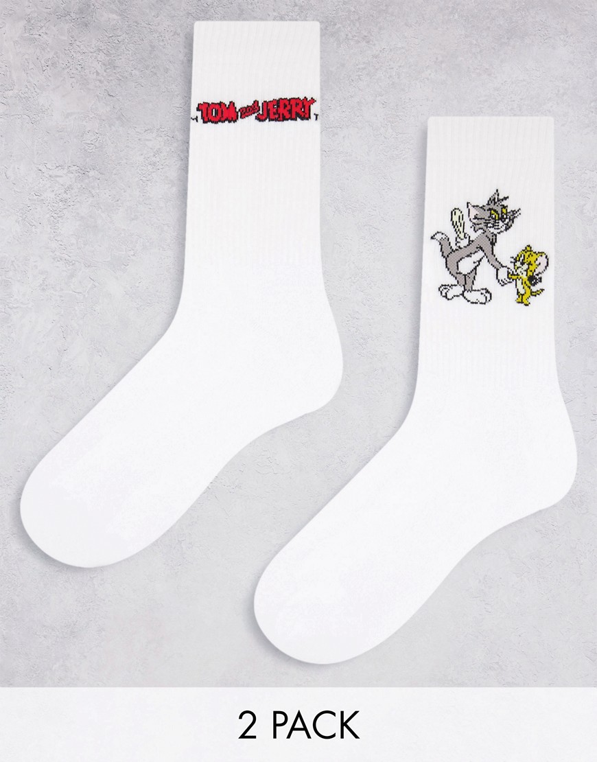 ASOS DESIGN 2 pack Tom and Jerry sports socks in white