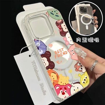 可愛動物膚感磁吸鈦合金灰適用iphone15pro蘋果13手機保護殼16promax透明14防摔15無線充電magsafe保護套16